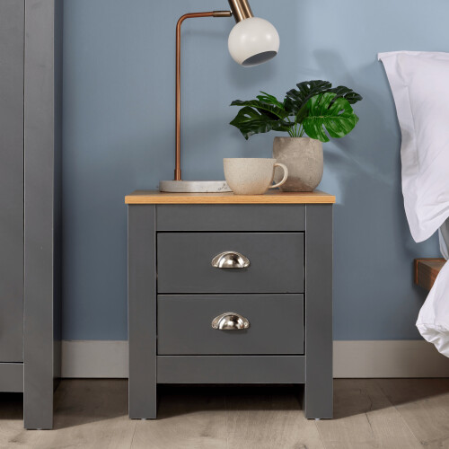 Home Source Camden 2 Drawer Bedroom Bedside Table Storage Unit Graphite