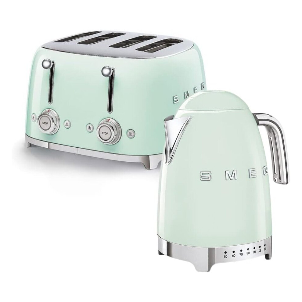 Smeg 1.7L 3Kw Variable Temperature Jug Kettle and 4 Slice Toaster Bundle in Pastel Green