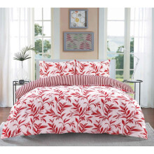 (King) Ellie Red Watercolour Leaves Duvet Cover Set Striped Reverse Fully Reversible Bedding