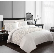 (Double, White) Aurora Crinkle Panel Duvet Cover Set Diamonte Detail Bedding White
