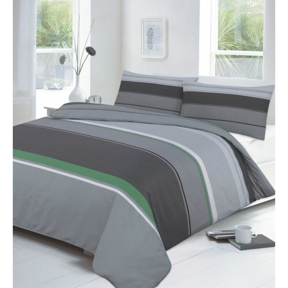 (King, Green) Carter Striped Duvet Cover Set Bedding with Pillowcases