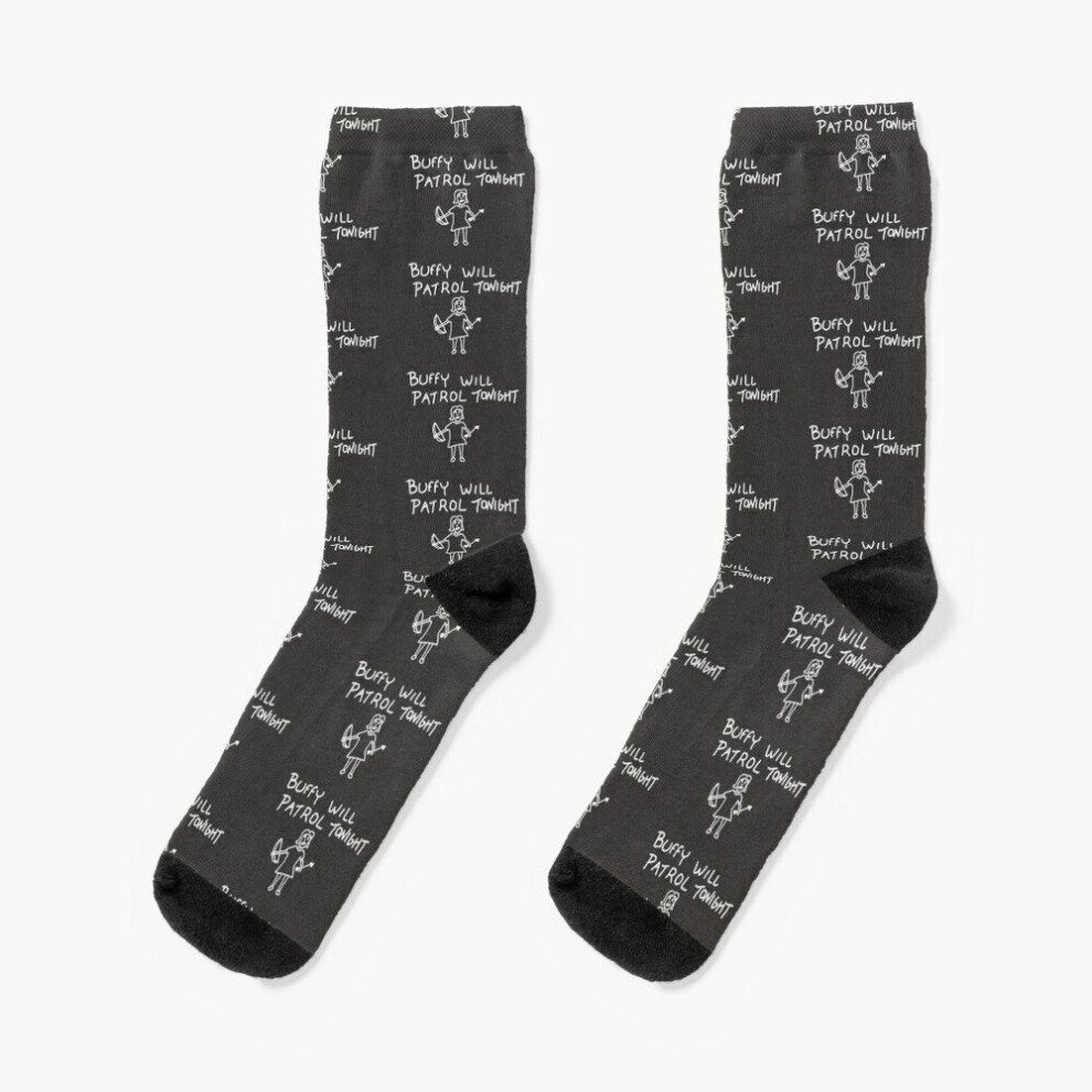 Dress Socks Buffy Will Patrol Tonight (White) - Buffy the Vampire Slayer, BtVS, 90s, Joss Whedon Novelty Fancy Crazy Pattern Crew Casual for Men Women