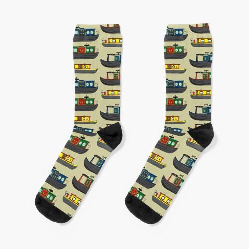 Colorful Canal Narrowboats & Cormorants Novelty Dress Socks - Crazy Pattern Crew for Men & Women