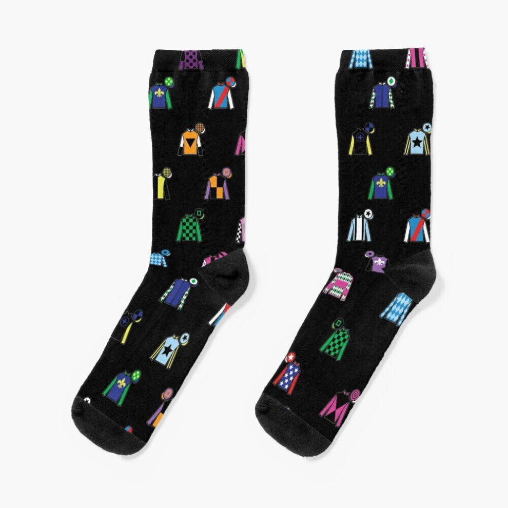 Famgem Horse Racing Jockey Silk-Print Dress Socks – Unisex Novelty Crew Socks For Men & Women Black