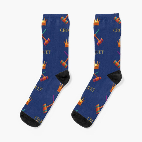 Unisex Novelty Dress Socks - Croquet Mallets & Crown 3D Photo Printed Pattern, Casual Crew, One Size 36-44, Fun Graphic Socks