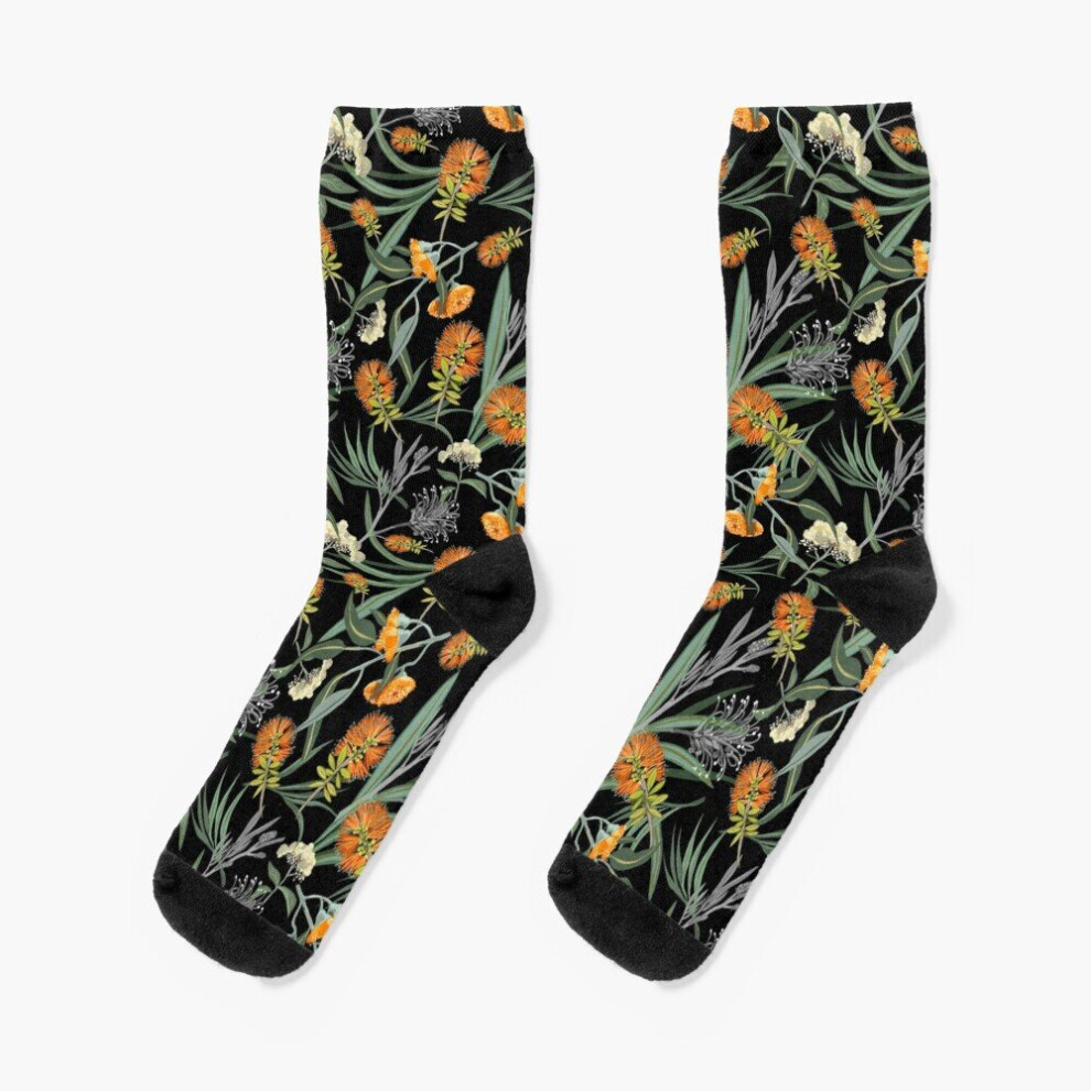 Famgem Dress Socks Botanical Australian Natives Flora, Pattern, Boho, Banksia Novelty Fancy Crazy Pattern Crew Casual For Men Women Orange