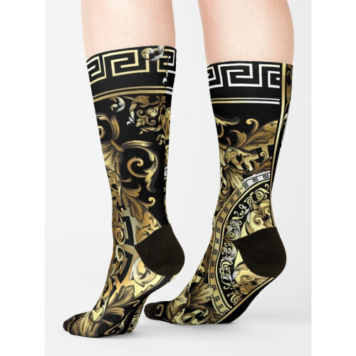Dress Socks Ornate Baroque Black White Gold Black Greek Key Novelty Fancy Crazy Pattern Crew Casual for Men Women