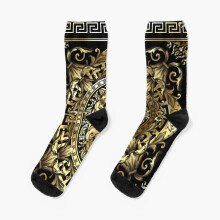 Baroque Dress Socks with Greek Key Pattern - Black, White & Gold Novelty Crew Socks for Men & Women