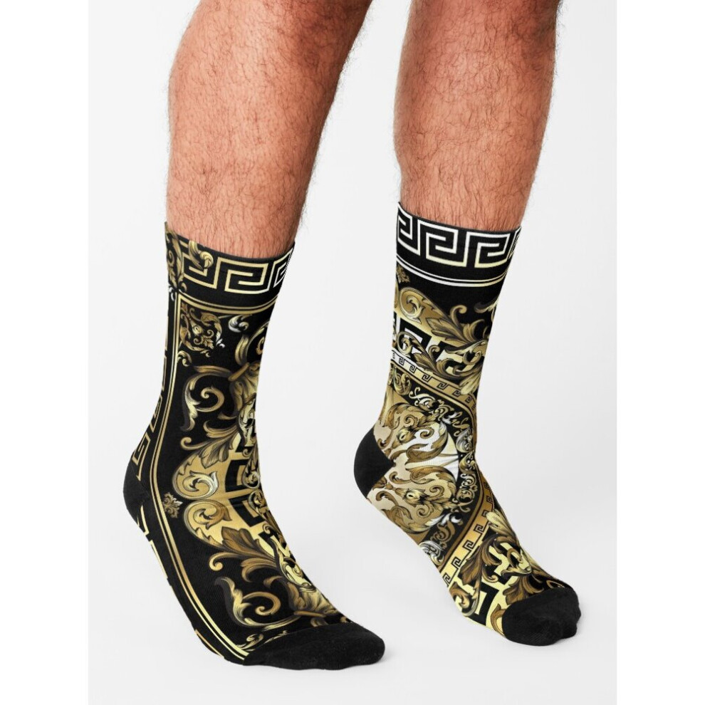 Dress Socks Ornate Baroque Black White Gold Black Greek Key Novelty Fancy Crazy Pattern Crew Casual for Men Women