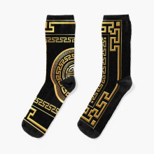 Dress Socks Greek Key Meander Black Gold Large Novelty Fancy Crazy Pattern Crew Casual for Men Women