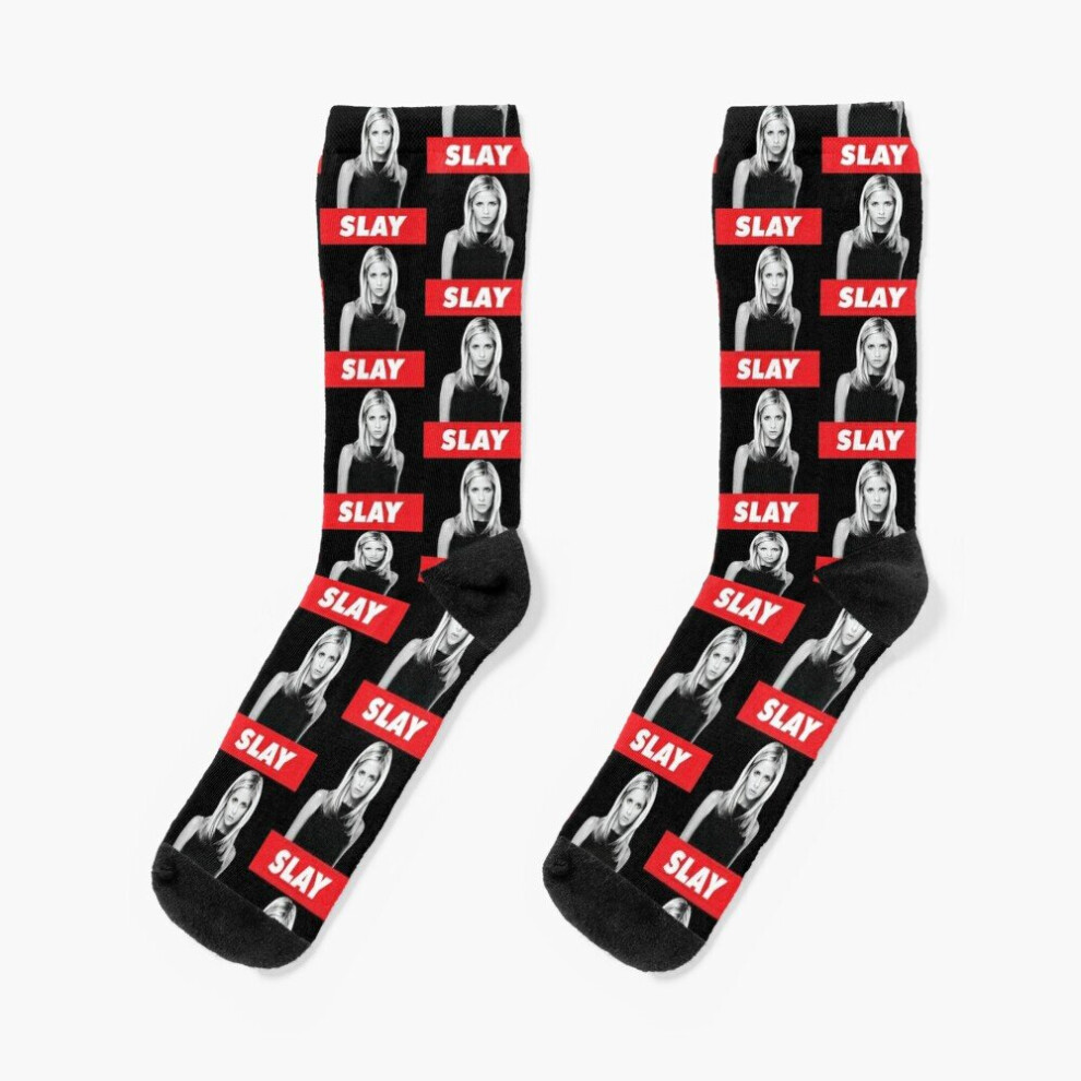 Famgem Dress Socks Buffy The Vampire Slayer: Slay Novelty Fancy Crazy Pattern Crew Casual For Men Women Brown
