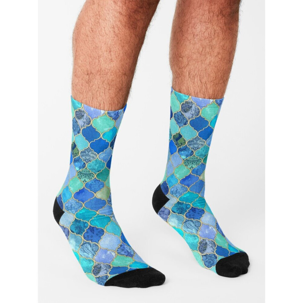 Dress Socks Cobalt Blue Aqua Gold Decorative Moroccan Tile Pattern Novelty Fancy Crazy Pattern Crew Casual for Men Women