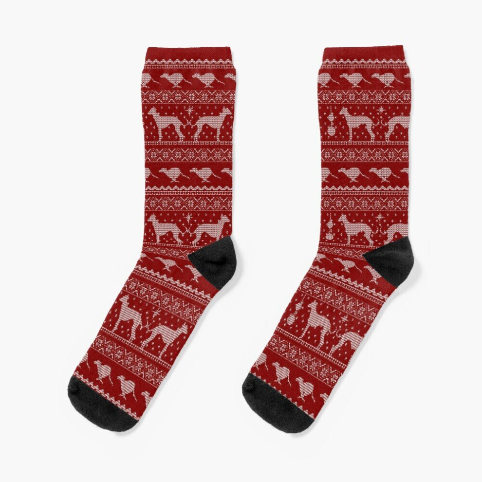 Dress Socks Ugly Christmas sweater dog edition - Greyhound Whippet Italian Greyhound red Novelty Fancy Crazy Pattern Crew Casual for Men Women