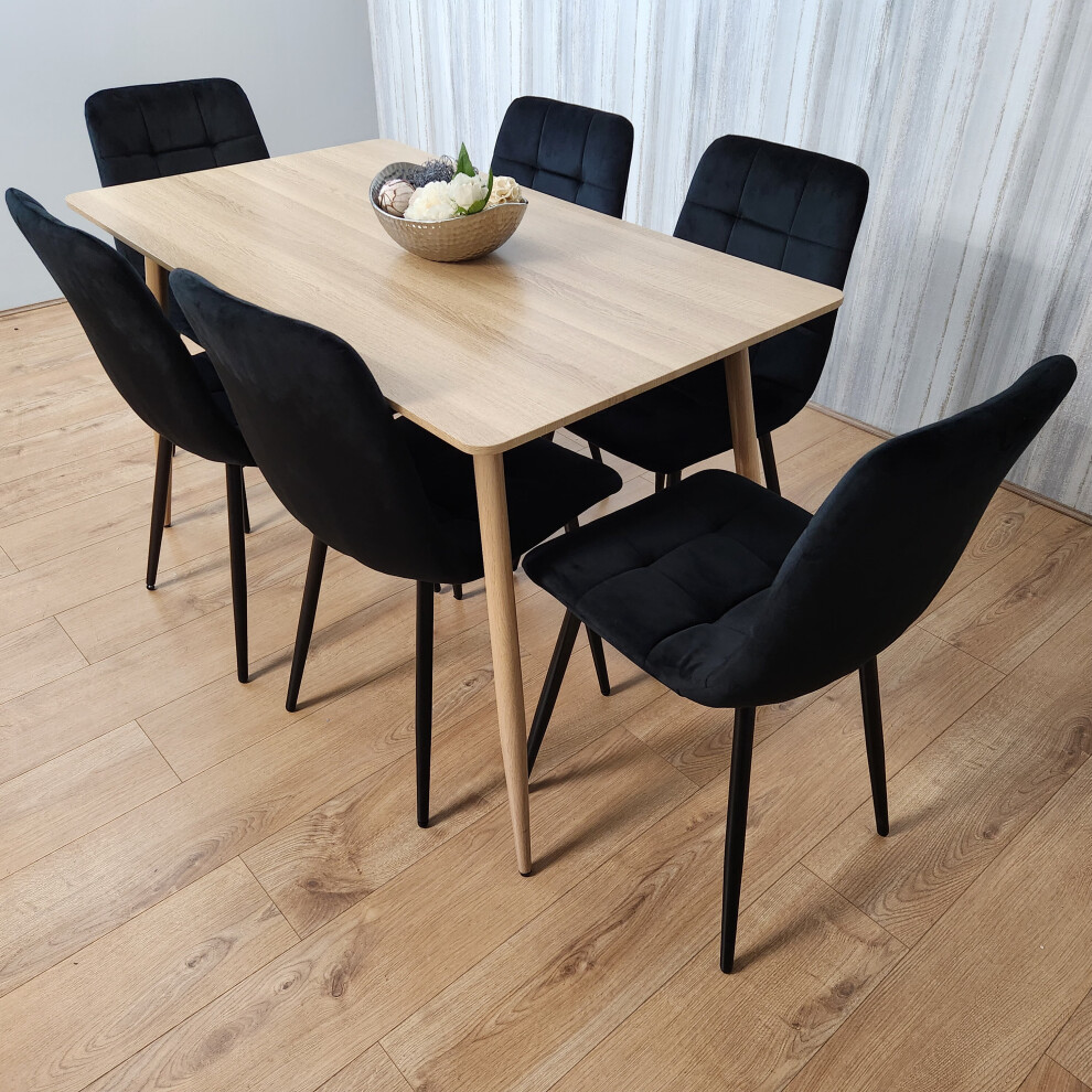 Rectangle Oak Effect Dining Table With 6 Black Velvet Tufted Chairs