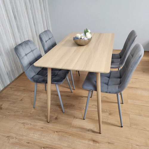 Rectangle Oak Effect Dining Table With 4 Grey Velvet Tufted Chairs 1
