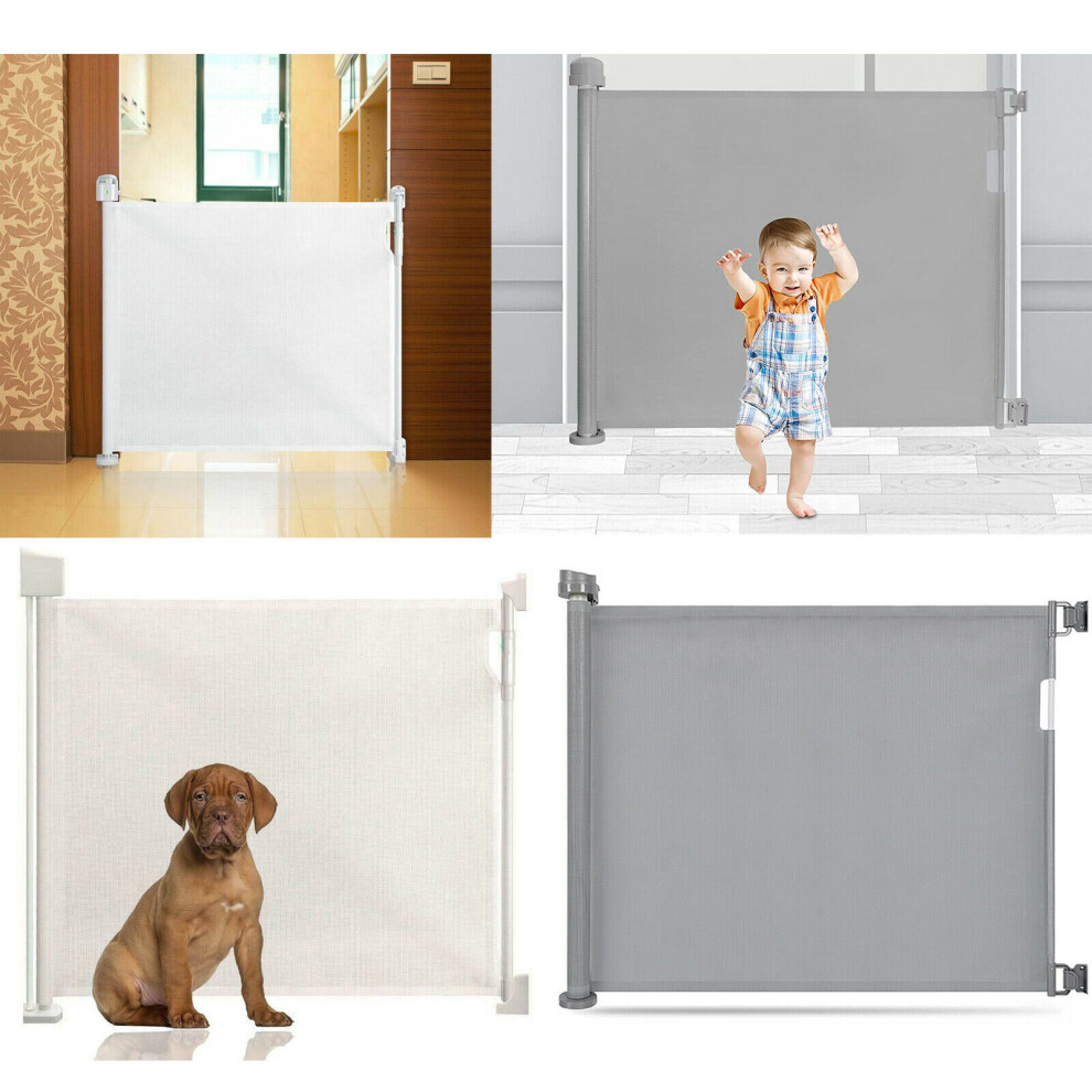 (Grey) Stair Gate for Baby and Pet One Hand Operated Safety Barrier Gate Retractable Dog Gate for Indoor Outdoor Stairways