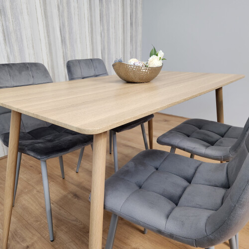Rectangle Oak Effect Dining Table With 4 Grey Velvet Tufted Chairs 2