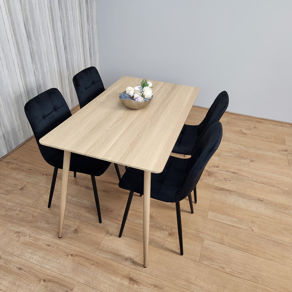Rectangle Oak Effect Dining Table With 4 Black Velvet Tufted Chairs