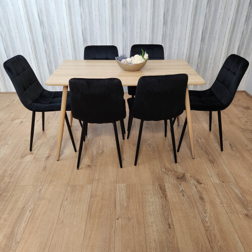 Rectangle Oak Effect Dining Table With 6 Black Velvet Tufted Chairs 1