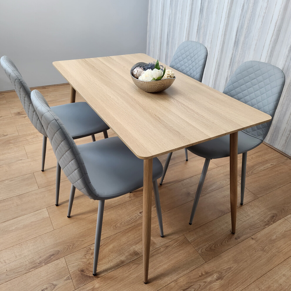 Rectangle Oak Effect Dining Table & 4 Grey Faux Leather Padded Chairs