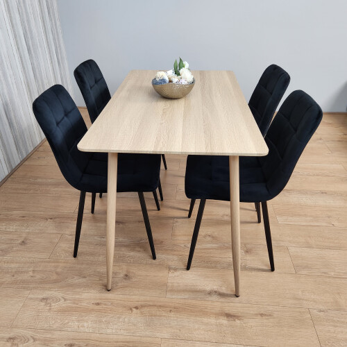 Rectangle Oak Effect Dining Table With 4 Black Velvet Tufted Chairs 1