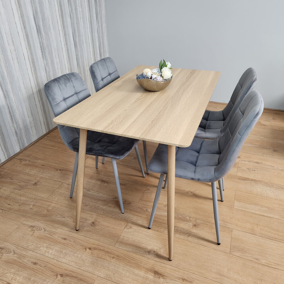 Rectangle Oak Effect Dining Table With 4 Grey Velvet Tufted Chairs