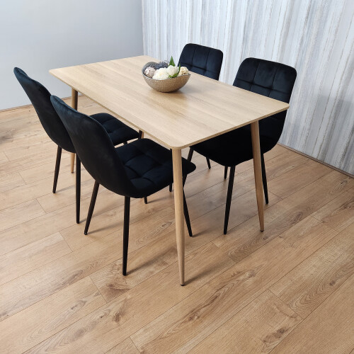 Rectangle Oak Effect Dining Table With 4 Black Velvet Tufted Chairs 2