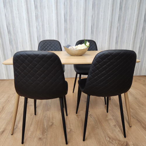 Rectangle Oak Effect Dining Table & 4 Black Faux Leather Padded Chairs 1