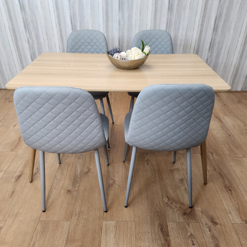 Rectangle Oak Effect Dining Table & 4 Grey Faux Leather Padded Chairs 2