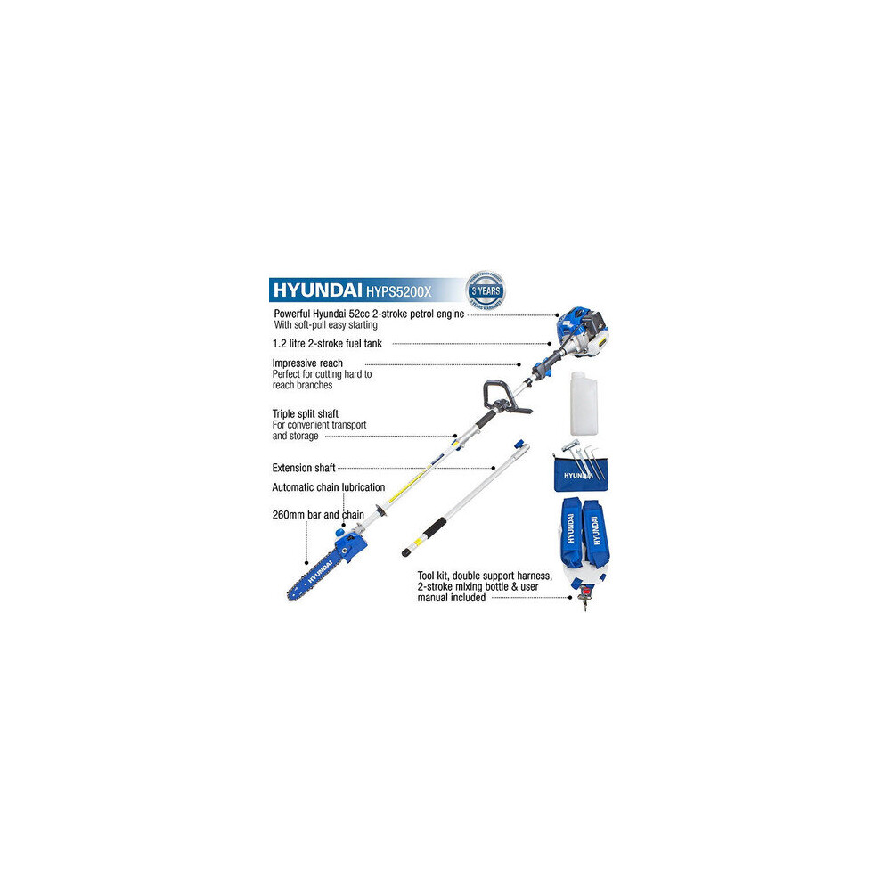 Hyundai 52Cc Long Reach Petrol Pole Saw/Pruner/Chainsaw | Hyps5200x