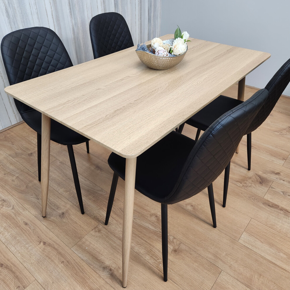 Rectangle Oak Effect Dining Table & 4 Black Faux Leather Padded Chairs