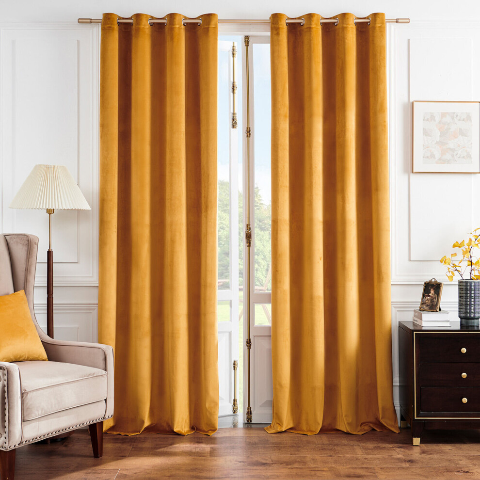 (Mustard , 46 x 54 in) High Blackout Luxury Velvet Eyelet Curtains Living Room Thick