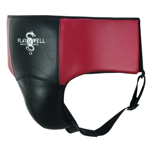 (Large ) PLAYWELL BOXING LEATHER GROIN GUARD - BLACK/MAROON 1