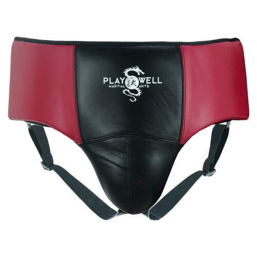 (Large ) PLAYWELL BOXING LEATHER GROIN GUARD - BLACK/MAROON