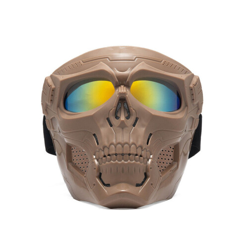 (Khaki+Red) Paintball Mask Skull Tactical Mask with Goggles