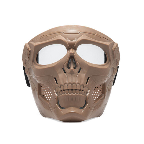 (Khaki+Clear) Paintball Mask Skull Tactical Mask with Goggles