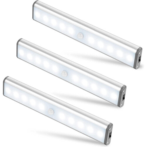 3 Pack USB Rechargeable 10 LED Magnetic Motion Sensor Night Light
