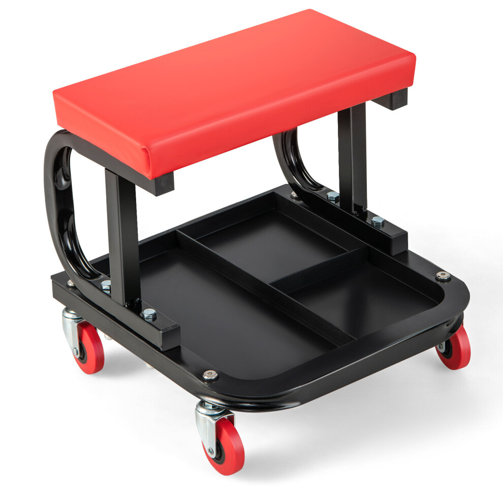 Costway Rolling Workshop Creeper Soft Padded Seat Mechanic Stool Withtool Tray