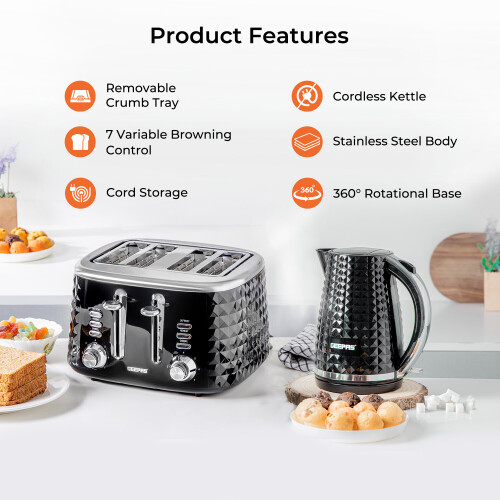 GEEPAS (Black) Geepas 4 Slice Bread Toaster & Electric Kettle Set 1
