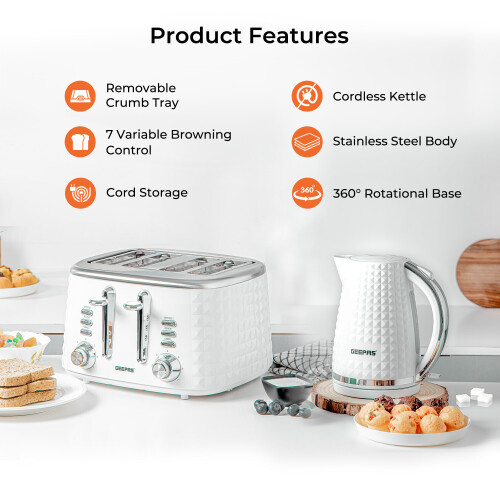 GEEPAS (White) Geepas 4 Slice Bread Toaster & Electric Kettle Set 1