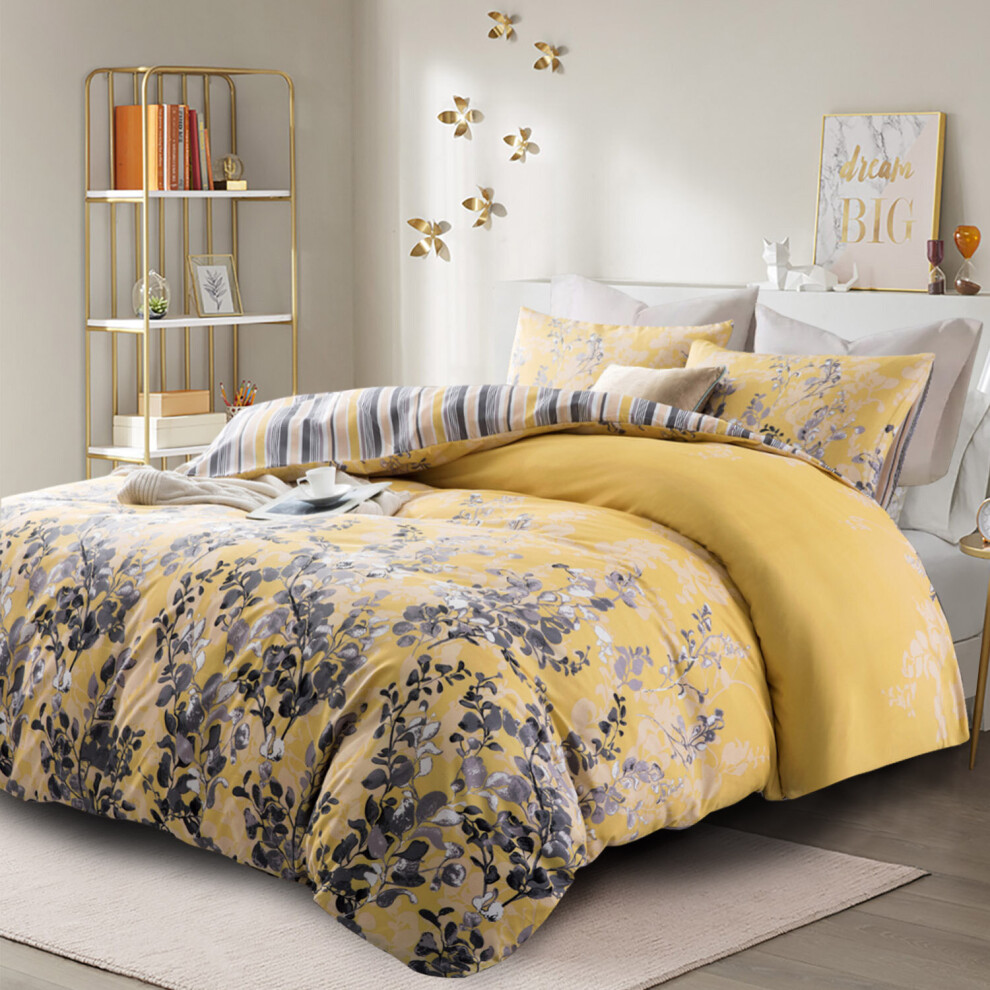 (Ochre Blossom, Double: 200 X 200 cm) Reversible Duvet Bedding Set Double King Duvet Quilt Cover with Pillowcases