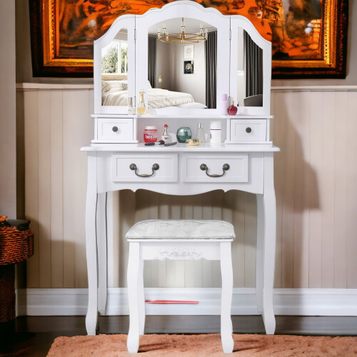 Dressing Table Tri Fold 3 Mirror 4 Drawer Stool Set Bedroom