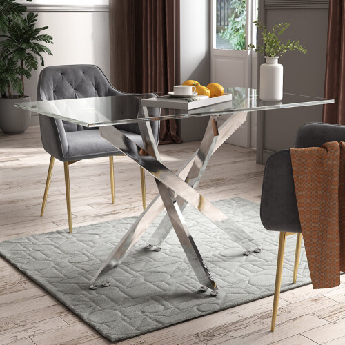 120cm Square Glass Dining Table with Silver Chrome Legs - Tempered Glass Top, Modern Brushed Chrome Frame