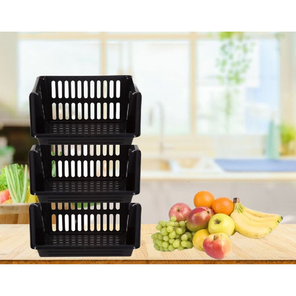 Black Stacking Storage Baskets Veg. Rack 3 Tier Kitchen Office 36cm