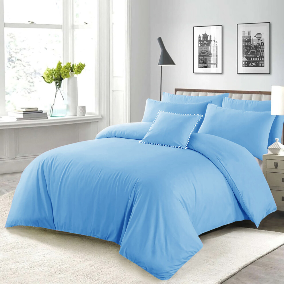 (Light Blue, Double: 200 x 200 cm) Duvet Quilt Cover Plain Bedding Set & Pillowcases Pair