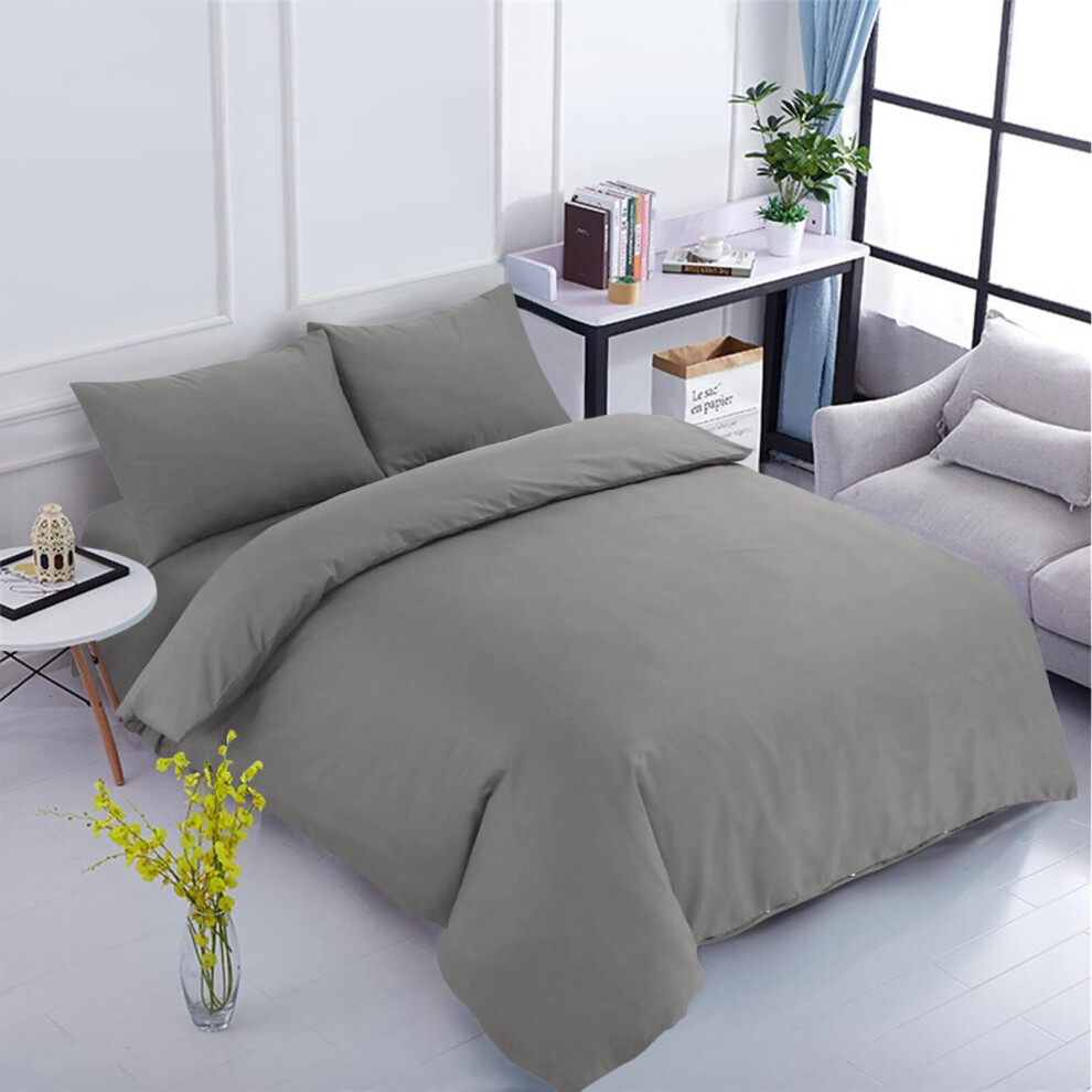 (Grey, Super King: 260 x 220 cm) Duvet Quilt Cover Plain Bedding Set & Pillowcases Pair