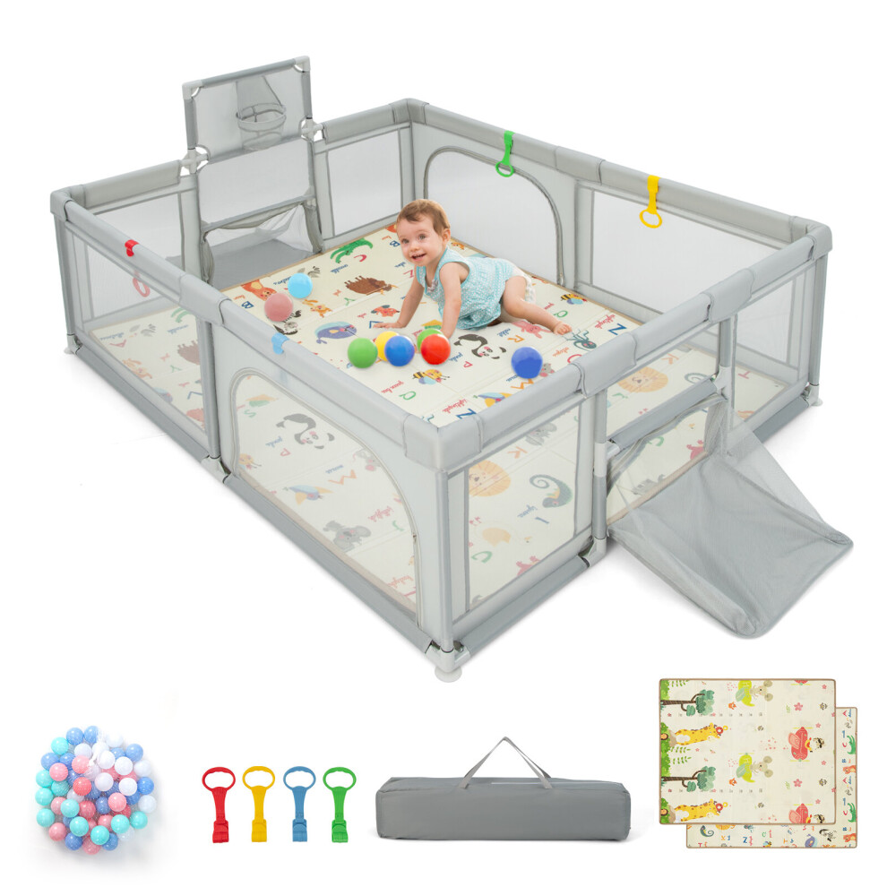 Large Baby Playpen Activity Centre w/ Mat Hoop Soccer Nets &Pull Rings