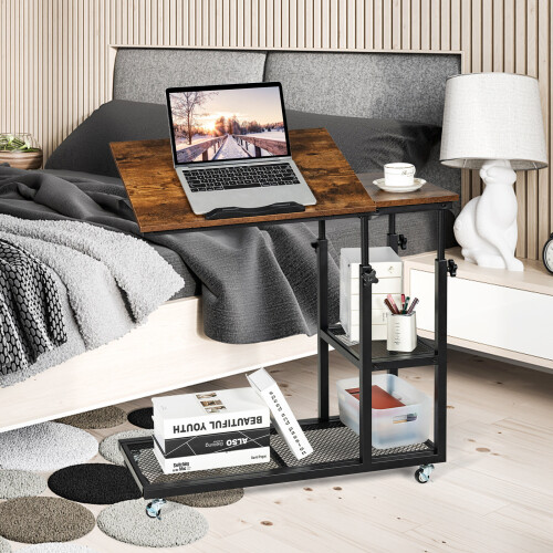 Costway Adjustable C-Shaped Bedside Table Couch Table w/ Tiltable Tabletop 2