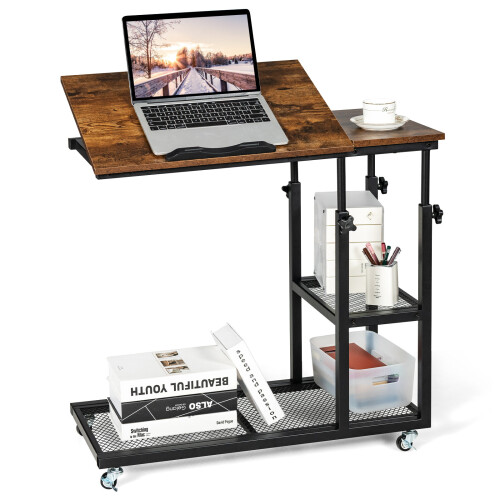 Costway Adjustable C-Shaped Bedside Table Couch Table w/ Tiltable Tabletop
