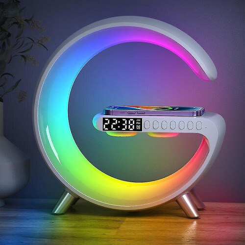 (white) Smart Table Lamp, Wireless Charger Atmosphere Light Bluetooth Speaker Music Rhythm Clock Alarm Clock